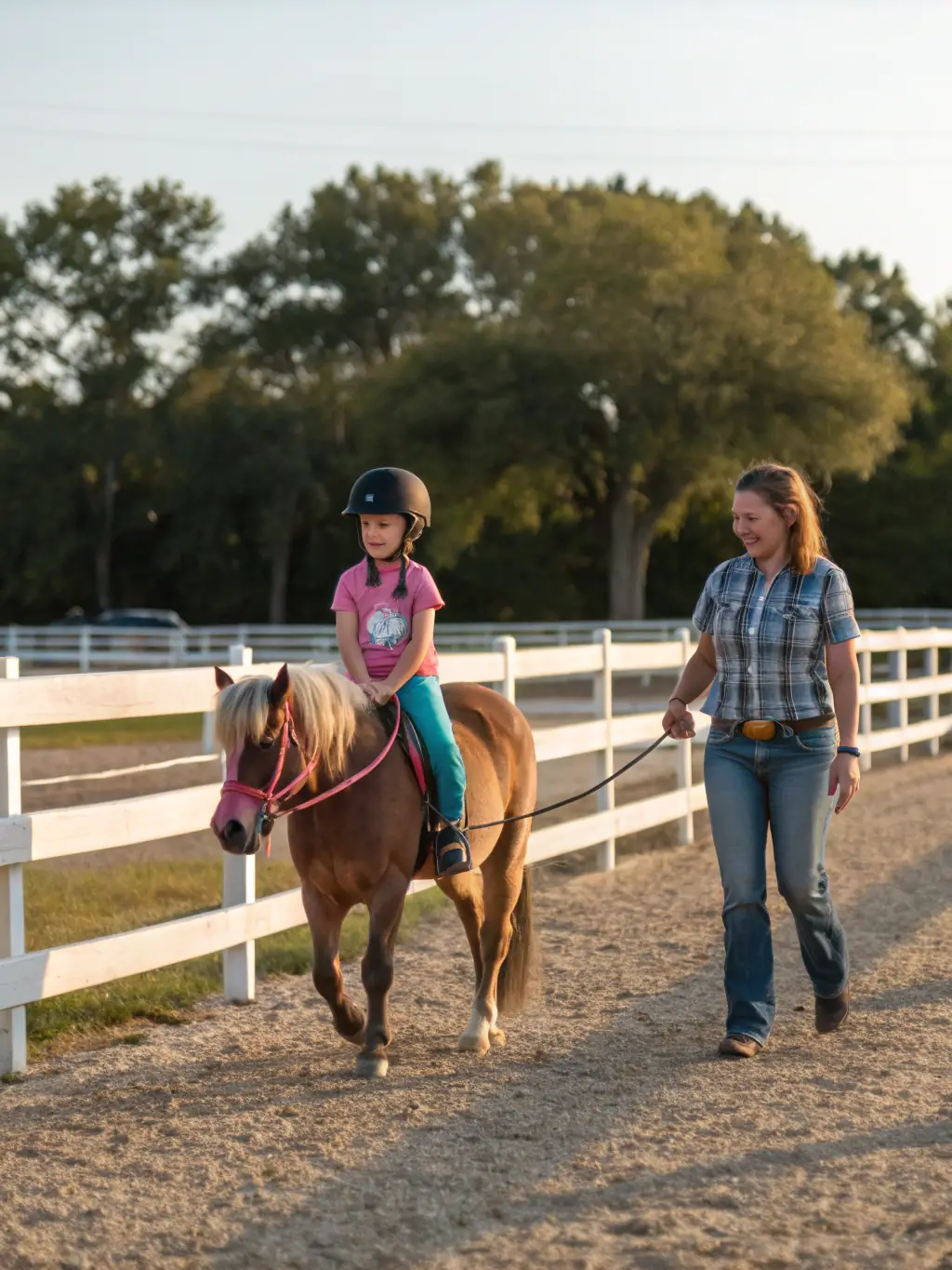 A young child happily riding a pony in a controlled arena, guided by an instructor, showcasing the beginner pony program at EQUIT'XPRESS DU COURET.