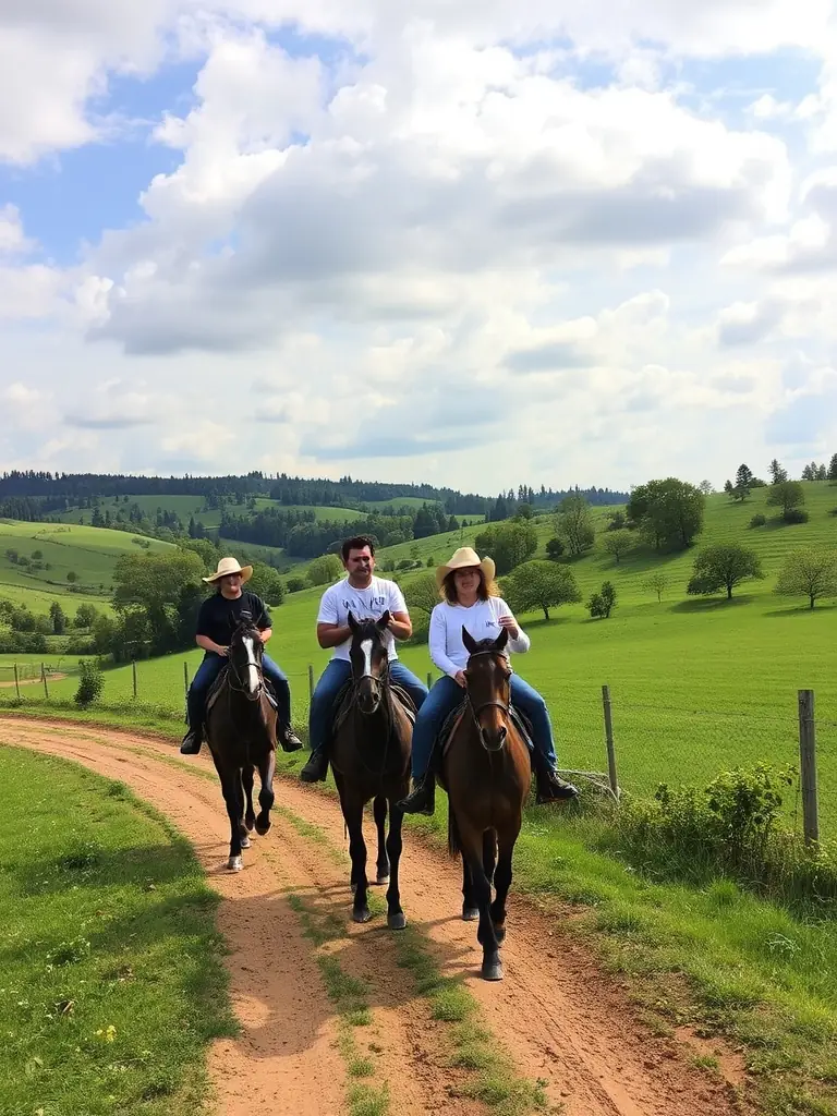 A group of riders participating in a trail ride through a scenic countryside, highlighting the adventure and community aspects of EQUIT'XPRESS DU COURET's programs.
