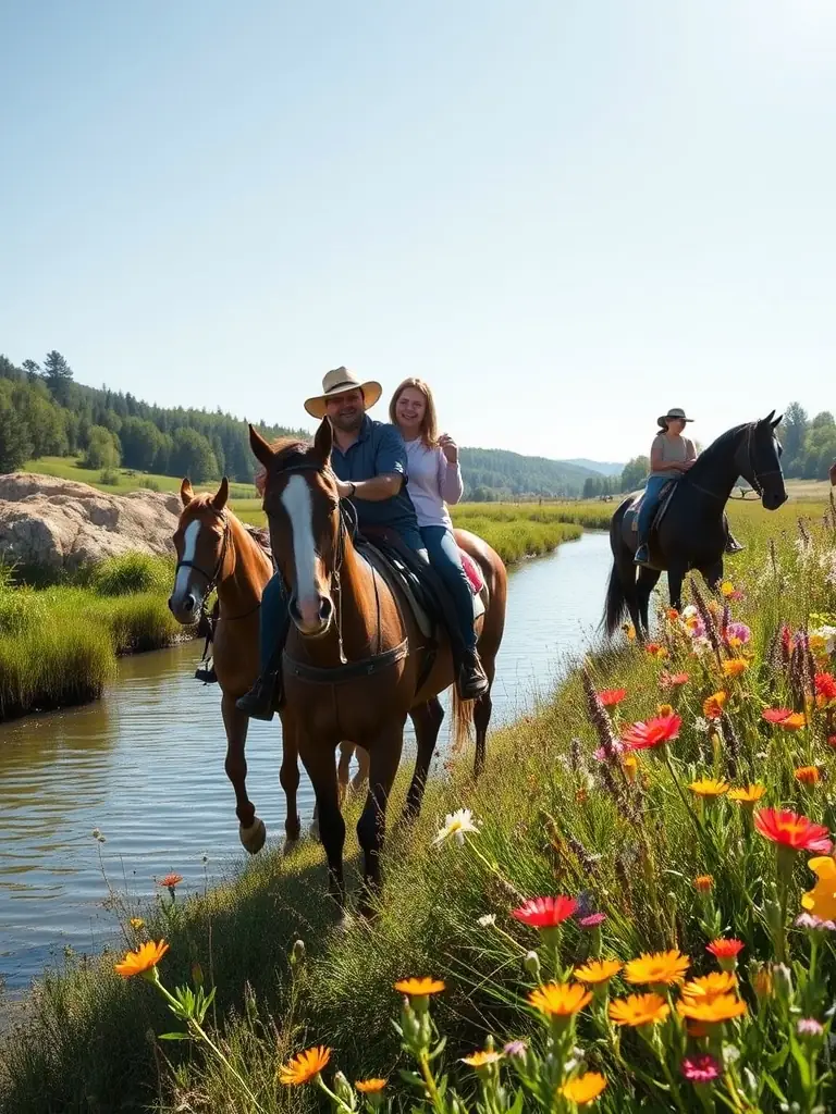 Participants enjoying a leisurely trail ride through the scenic countryside surrounding EQUIT'XPRESS DU COURET.