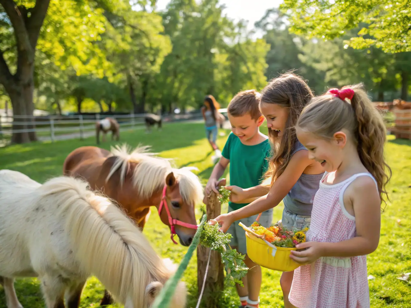 A group of children laughing and interacting with ponies in a sunny field, showcasing the joy and social interaction fostered by EQUIT'XPRESS DU COURET's programs.