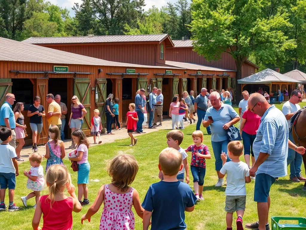 A diverse group of people participating in a community equestrian event, highlighting the social bonds and community engagement promoted by EQUIT'XPRESS DU COURET.