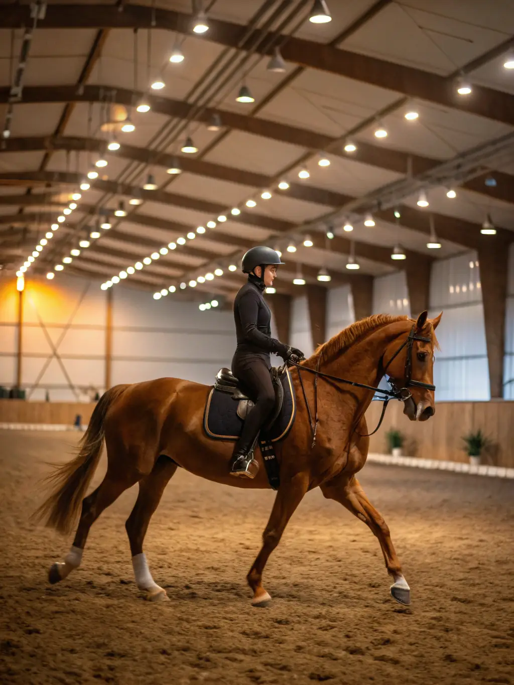 A young rider confidently trotting on a horse in an outdoor arena during a beginner's riding lesson at EQUIT'XPRESS DU COURET.