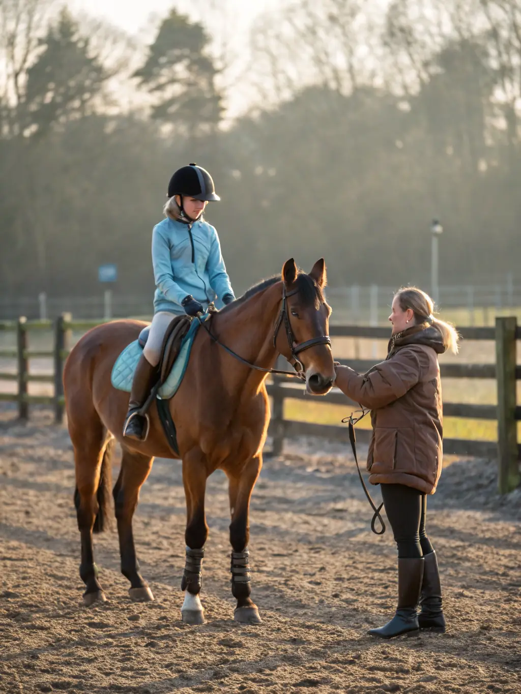 An experienced equestrian instructor guiding a student through advanced dressage movements at EQUIT'XPRESS DU COURET.