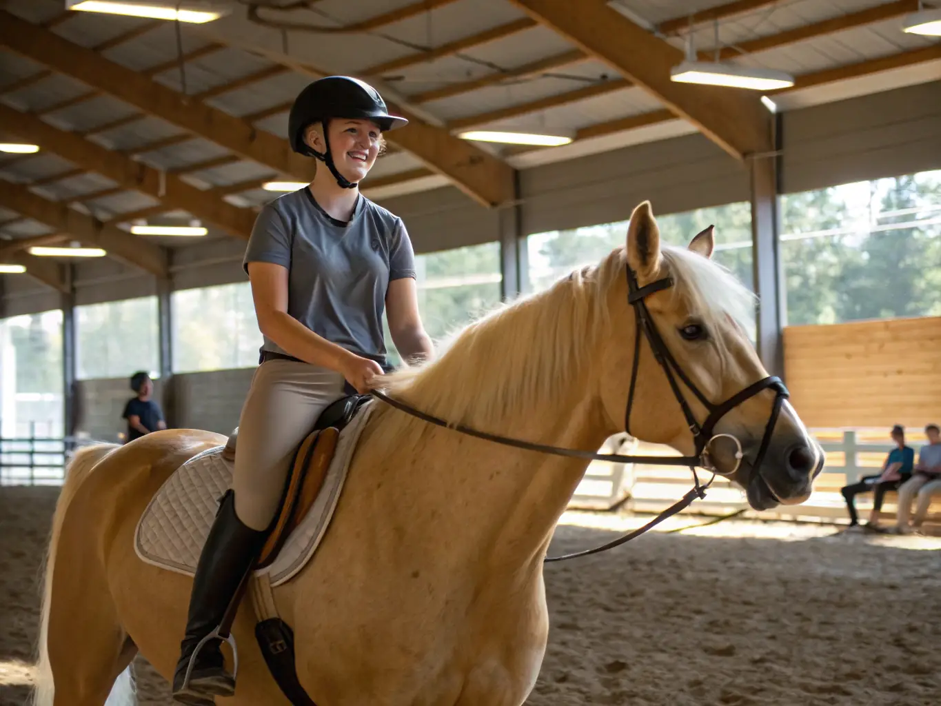 A person looking happy while riding a horse in an outdoor arena, demonstrating the physical and mental well-being benefits of equestrian activities.