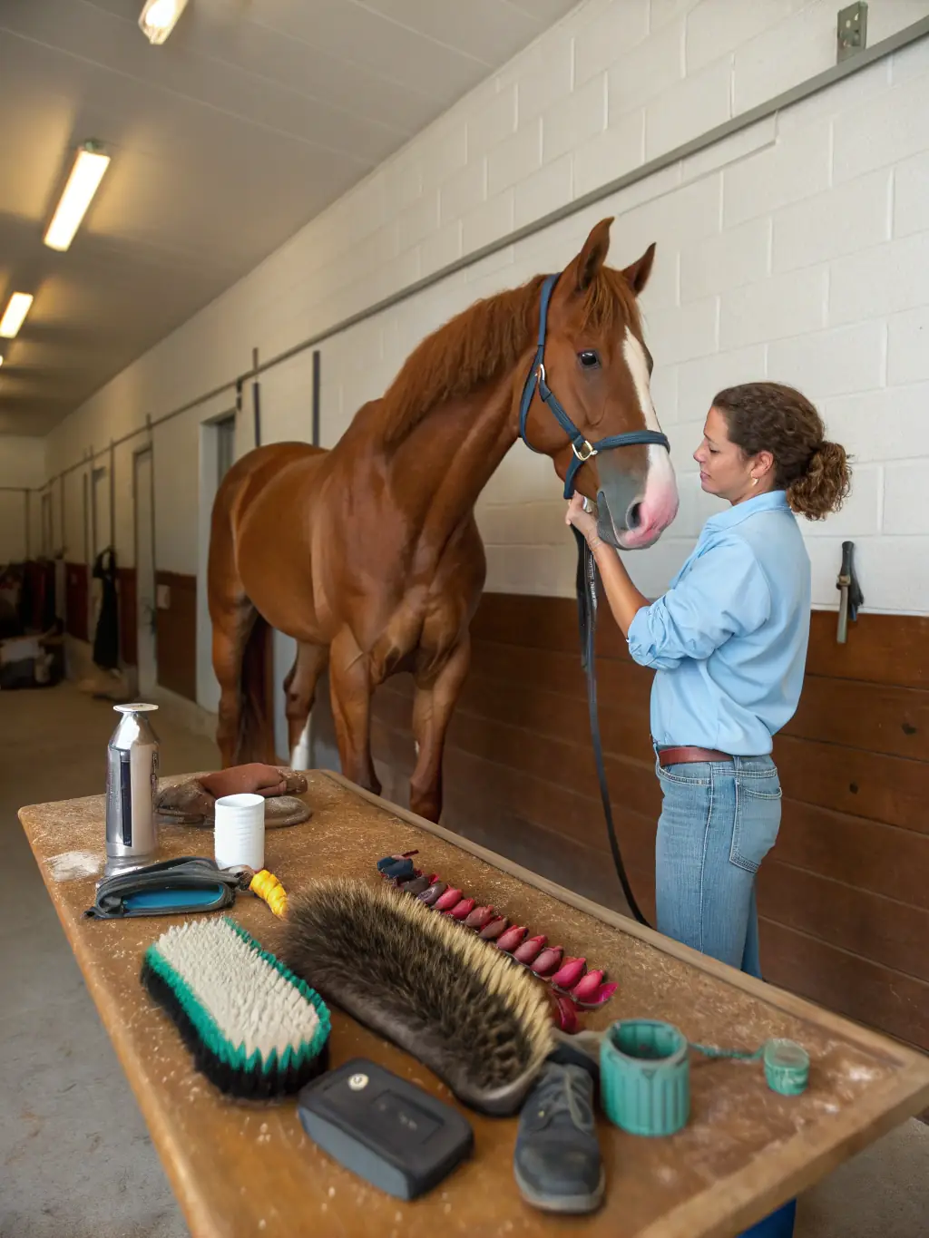 An image of participants grooming and caring for horses, emphasizing the importance of responsible animal care in EQUIT'XPRESS DU COURET's programs.